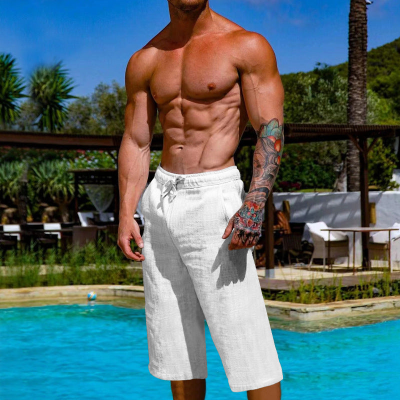 Loose Linen Cotton Breathable Cropped Pants For Men's Sports And Casual Wear