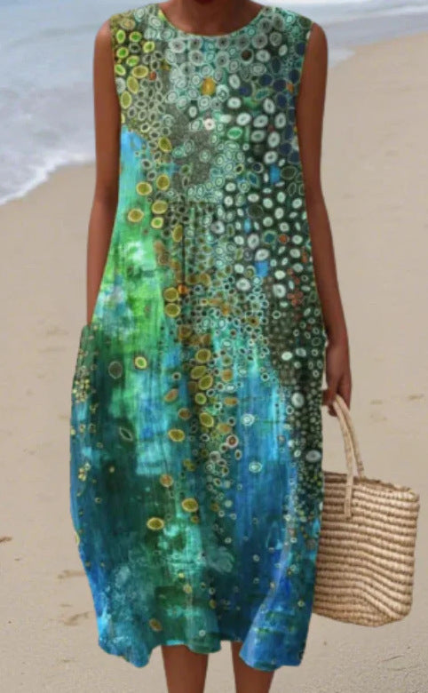 Vestido informal estampado sin mangas con bolsillos y un toque sofisticado