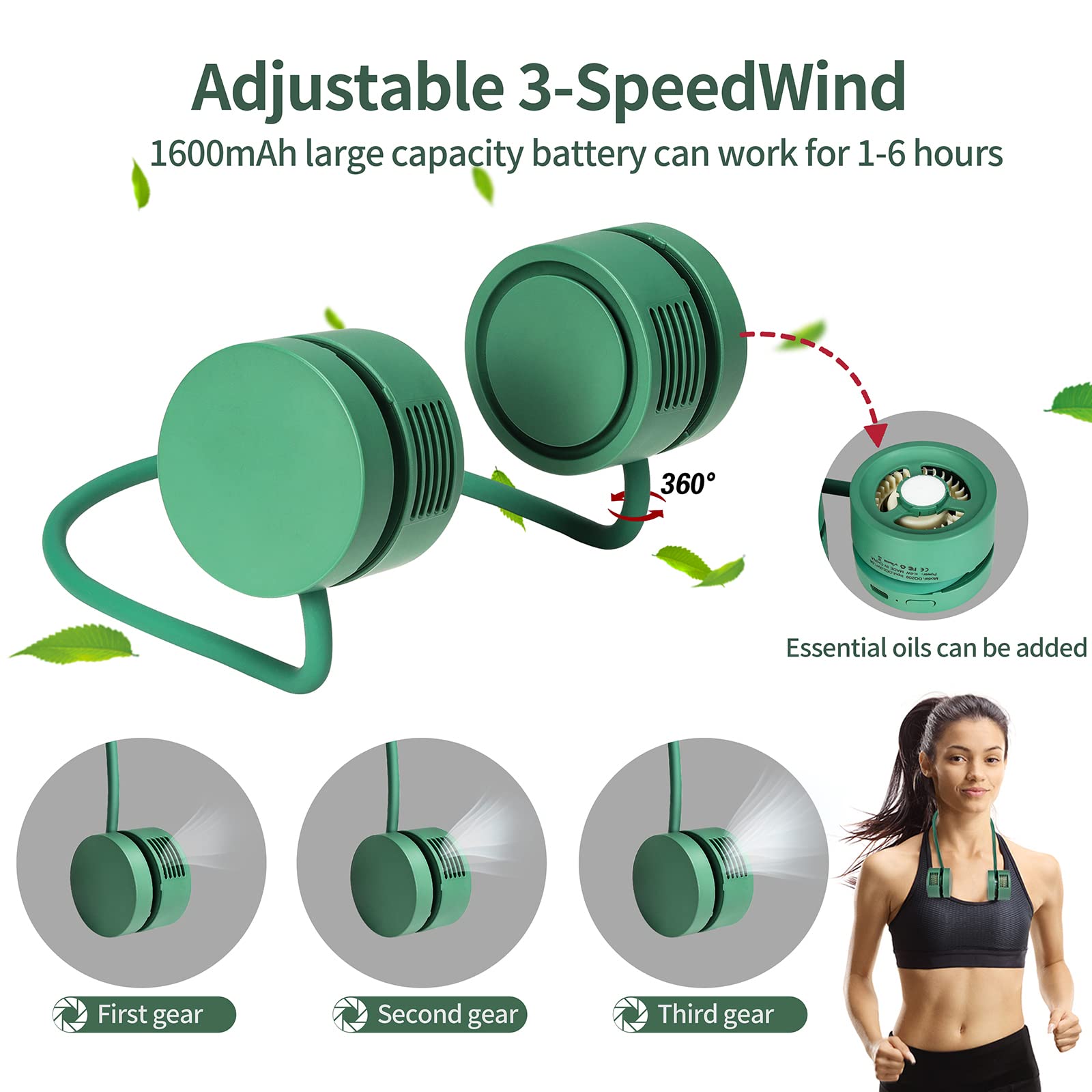 Ventilador de cuello colgante sin hojas, pequeño, USB, portátil, para aromaterapia, eléctrico