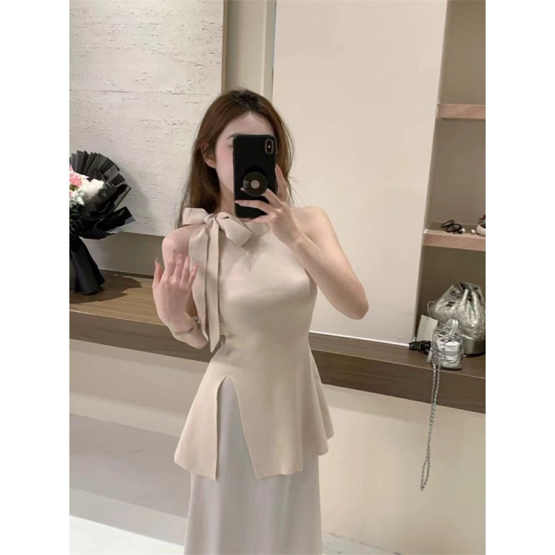 Sweet Lace-up Bow-Knot Slit Cami Shirt