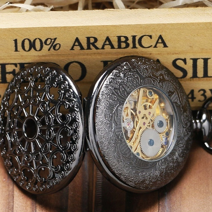 Reloj de bolsillo mecánico retro grande color pistola con diseño de telaraña