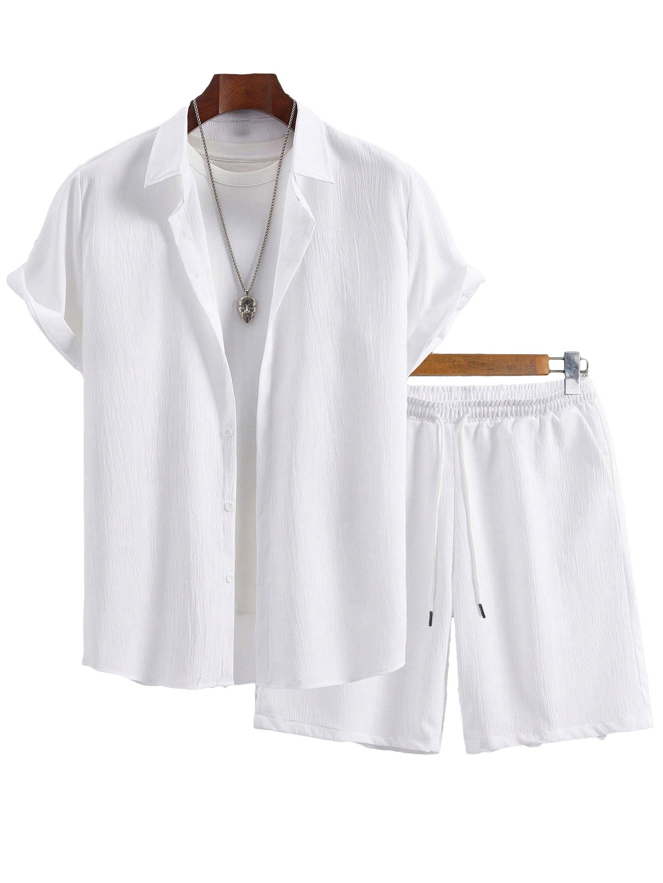 Men's Solid Color Lapel Short-Sleeve Shirt And Shorts Set