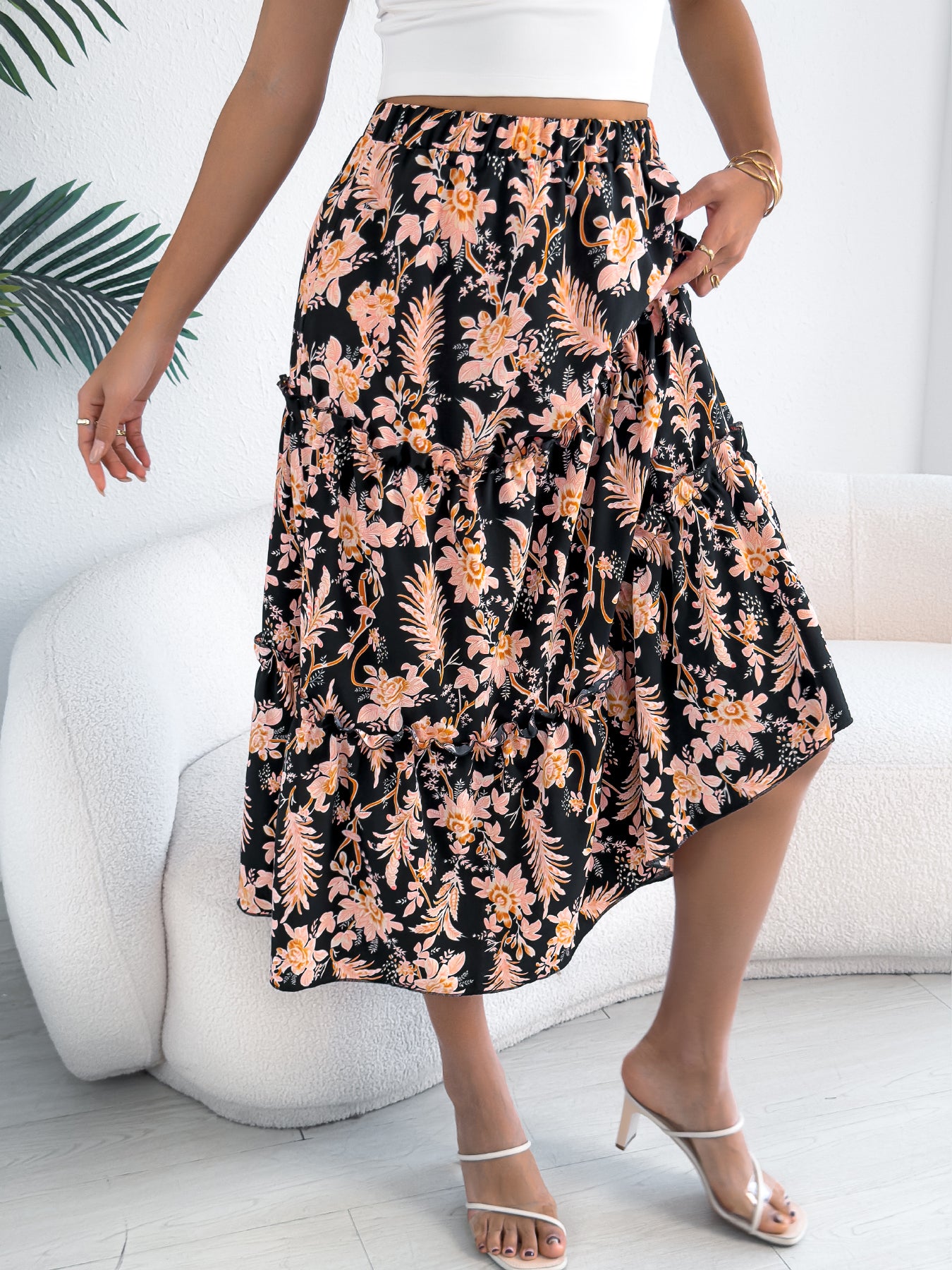 Women's Casual Floral Print Ruffle Trim Midi Beach Skirt