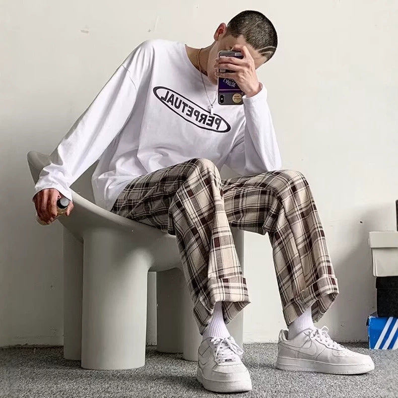 Men's Casual All-Match Loose Plaid Wide-Leg Trousers