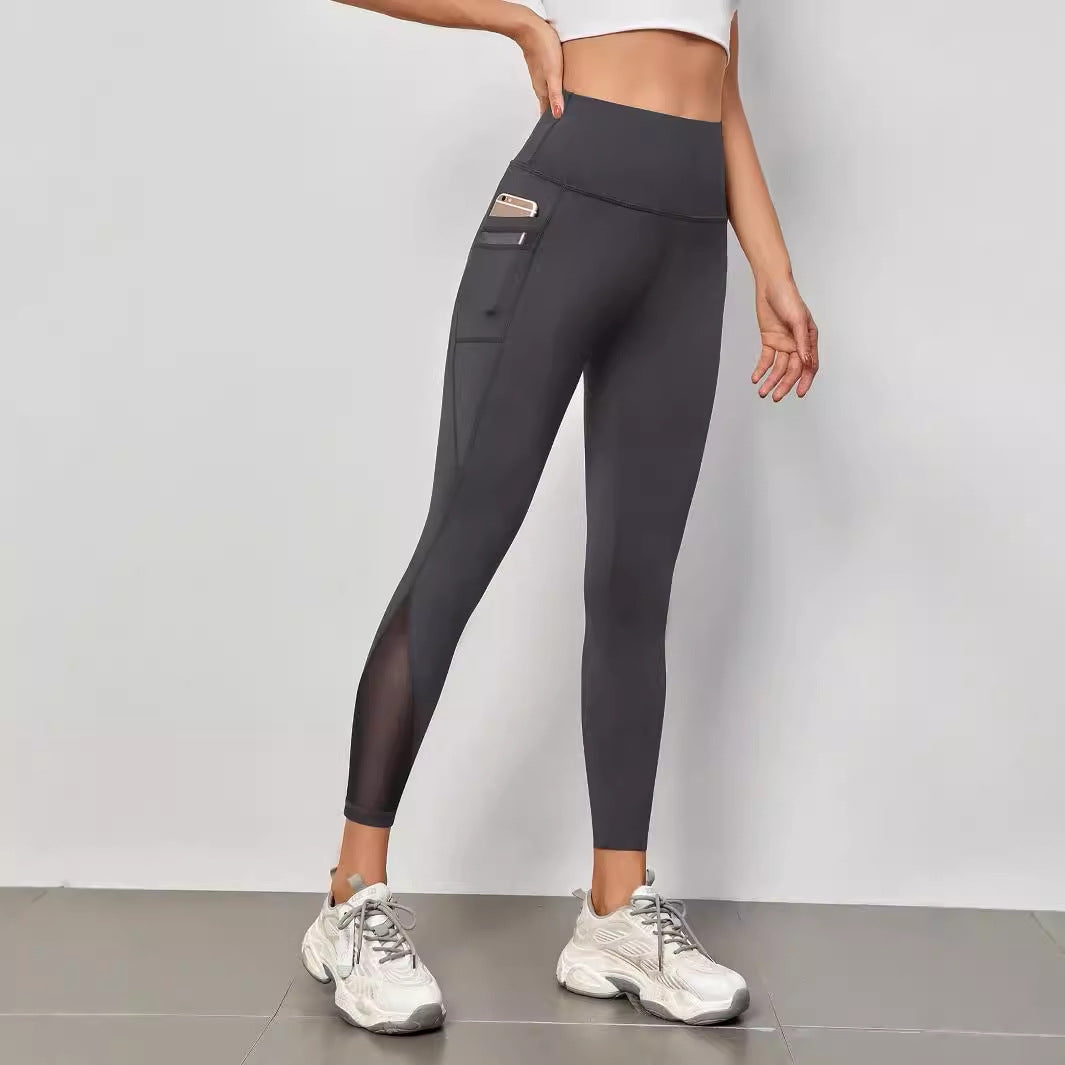 Pantalones de yoga de cintura alta con costuras de granadina, bolsillo, secado rápido, transpirables, para levantar la cadera.