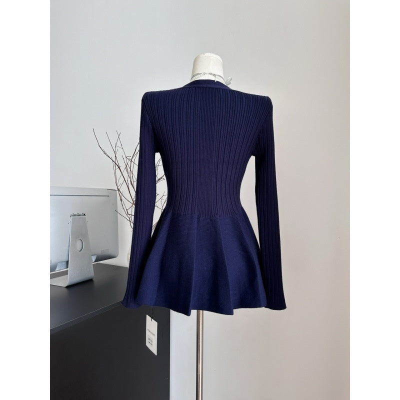 Navy Blue Waist-Cinching Low-Neck All-Match Long-Sleeve V-Neck Knitted Cardigan