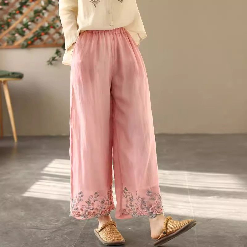 Pantalones anchos de verano de algodón y lino para mujer