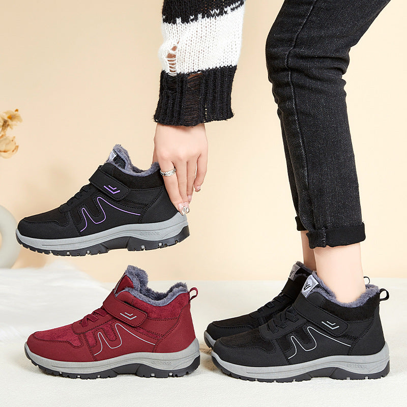 Botas de nieve de algodón para mujer con velcro para invierno en terrenos nevados.