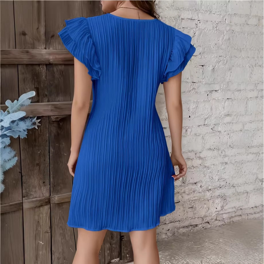 Vestido de patchwork de color liso con volantes plisados ​​de alta gama