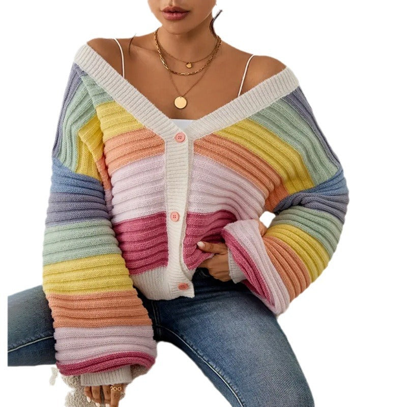 V Neck Sweater Knitted Top With Rainbow Stripes And Single Breasted Buttons Womens Outerwear