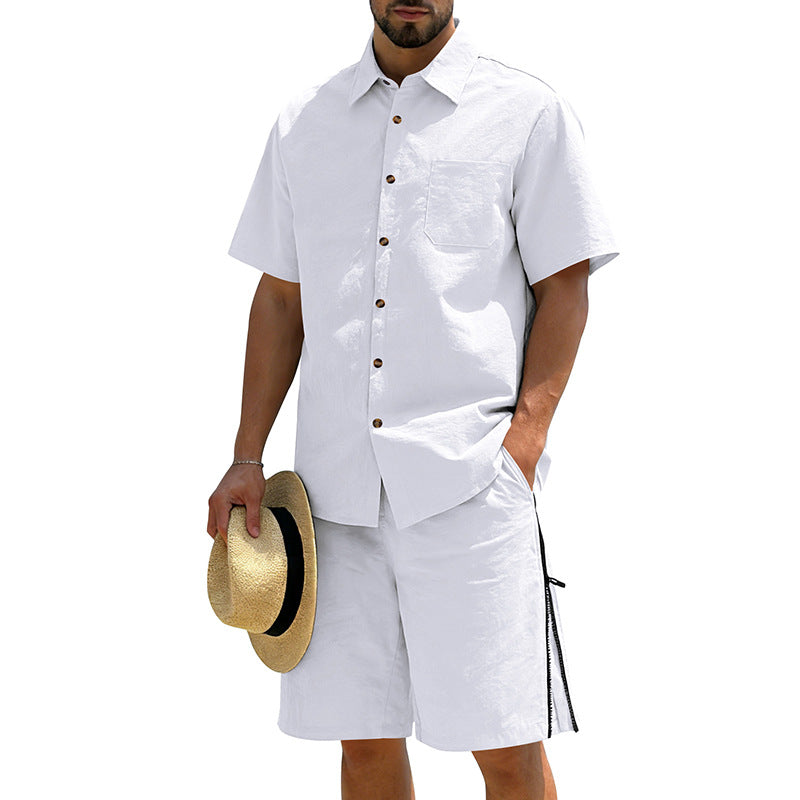 Mens Short-Sleeve Button-Down Shirt Drawstring Shorts Two-Piece Set