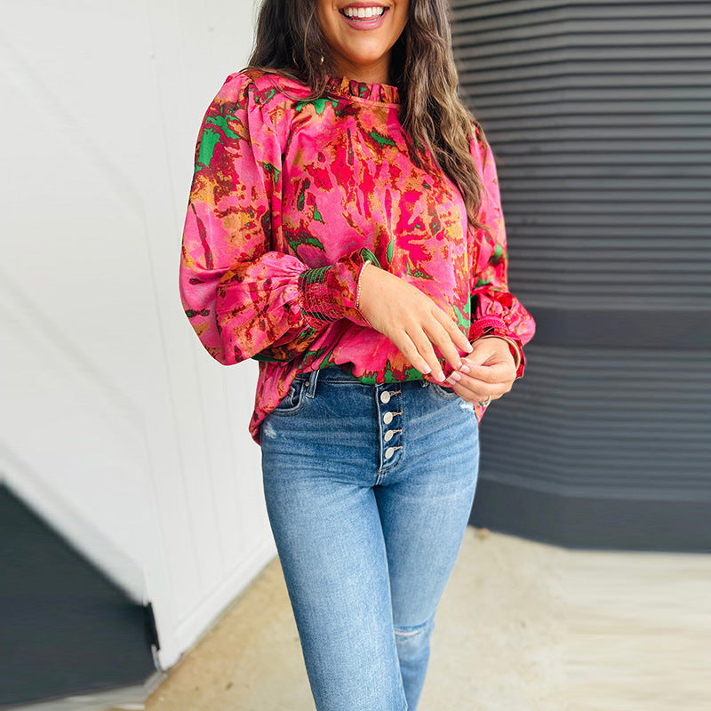 Color-block Printed Long-sleeve Top Womens Stand-collar Chiffon Blouse