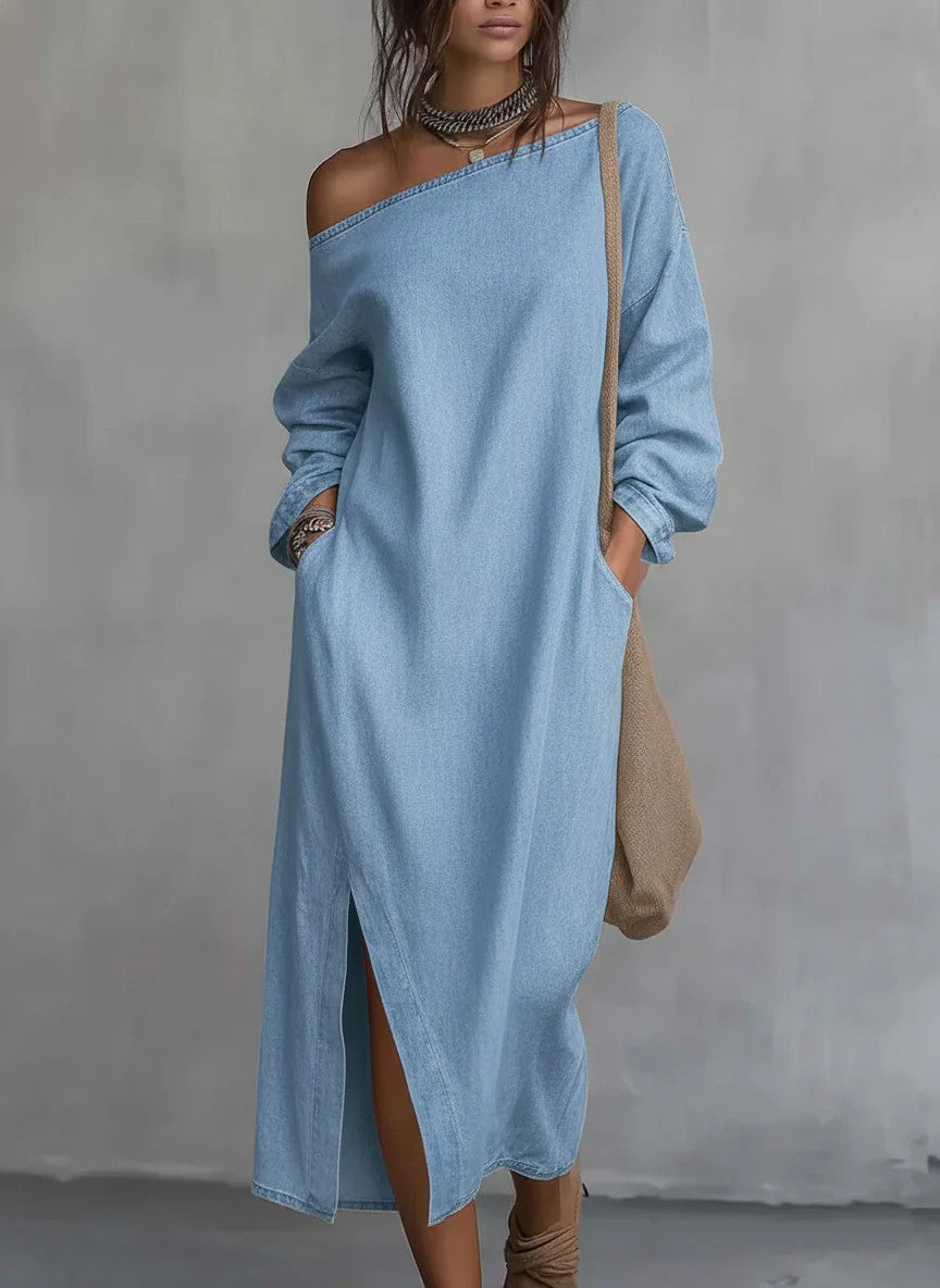 Fashionable Off-the-shoulder Slit Straight-leg, Loose-fitting Long Dress