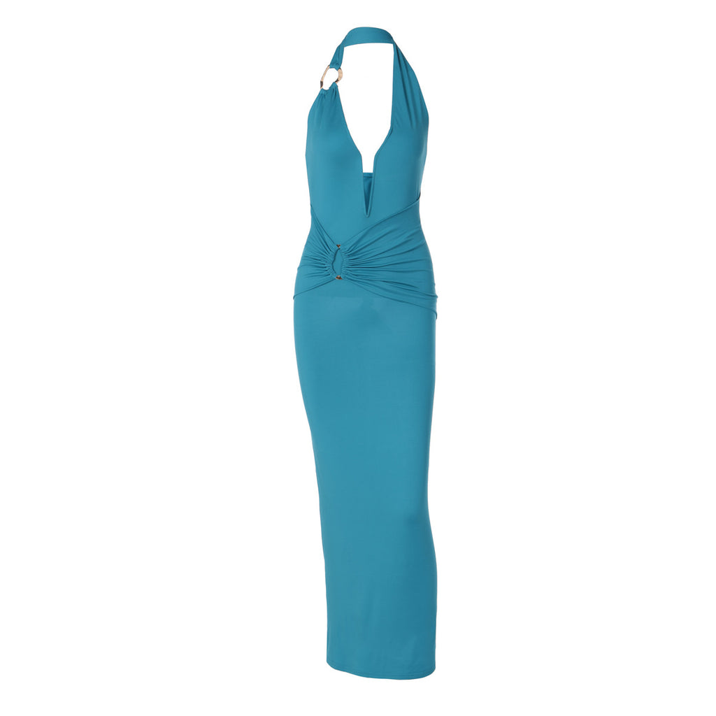 Womens V Neck Spliced Underwire Halter Bodycon Pleated Patchwork Maxi Dress