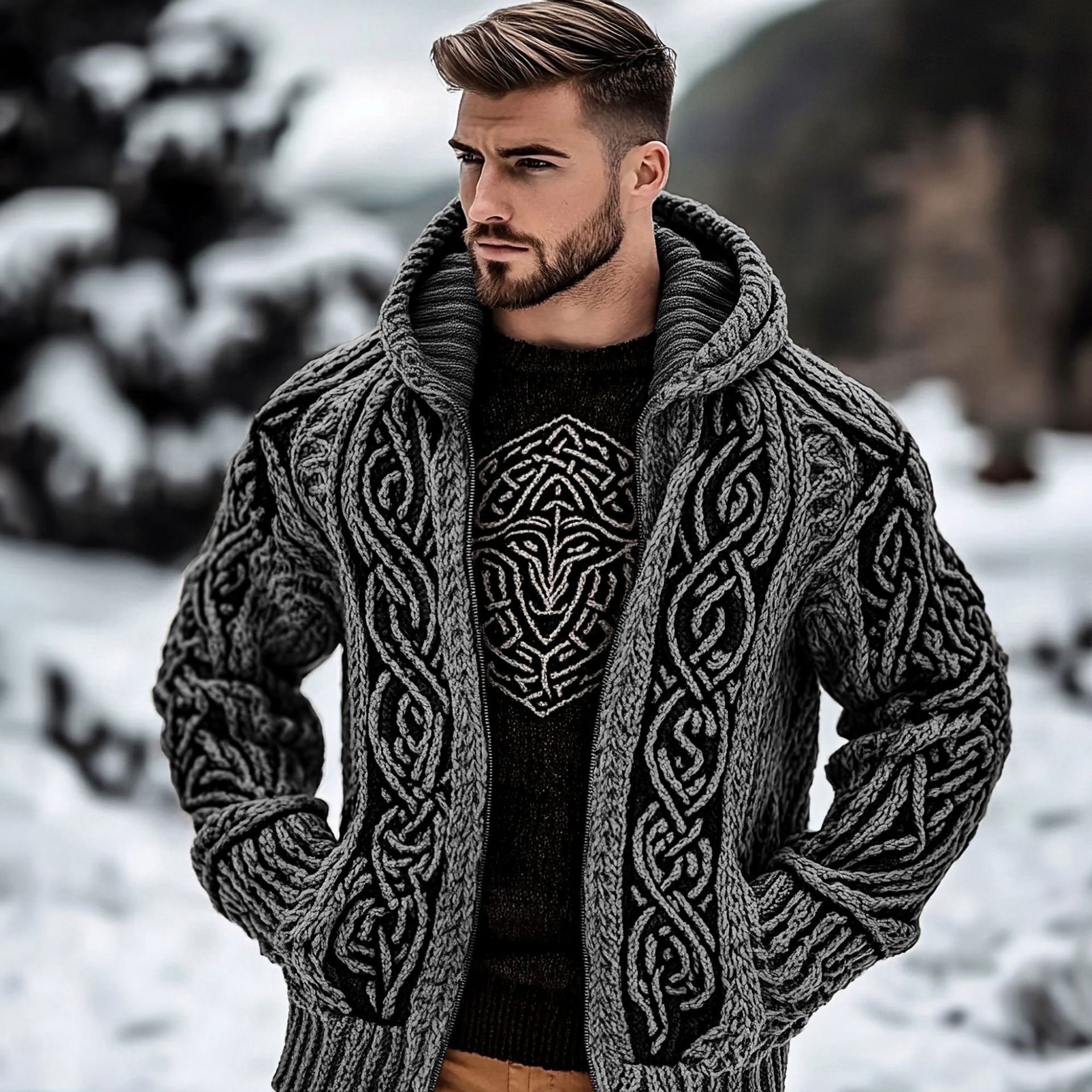 Sudadera con capucha informal estampada con dos bolsillos y cremallera para hombre