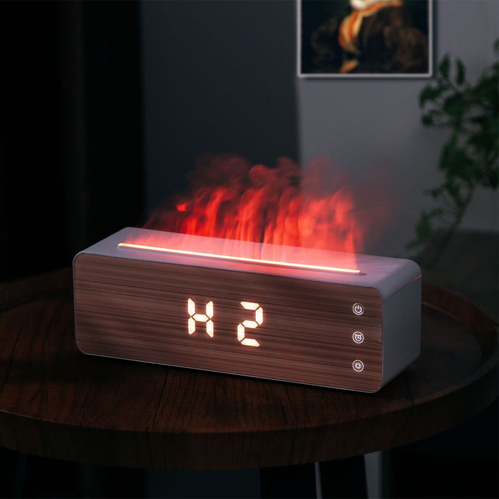 Humidificador de llama, máquina de aromaterapia de llama con pantalla de reloj, humidificador de aromaterapia de escritorio para dormitorio