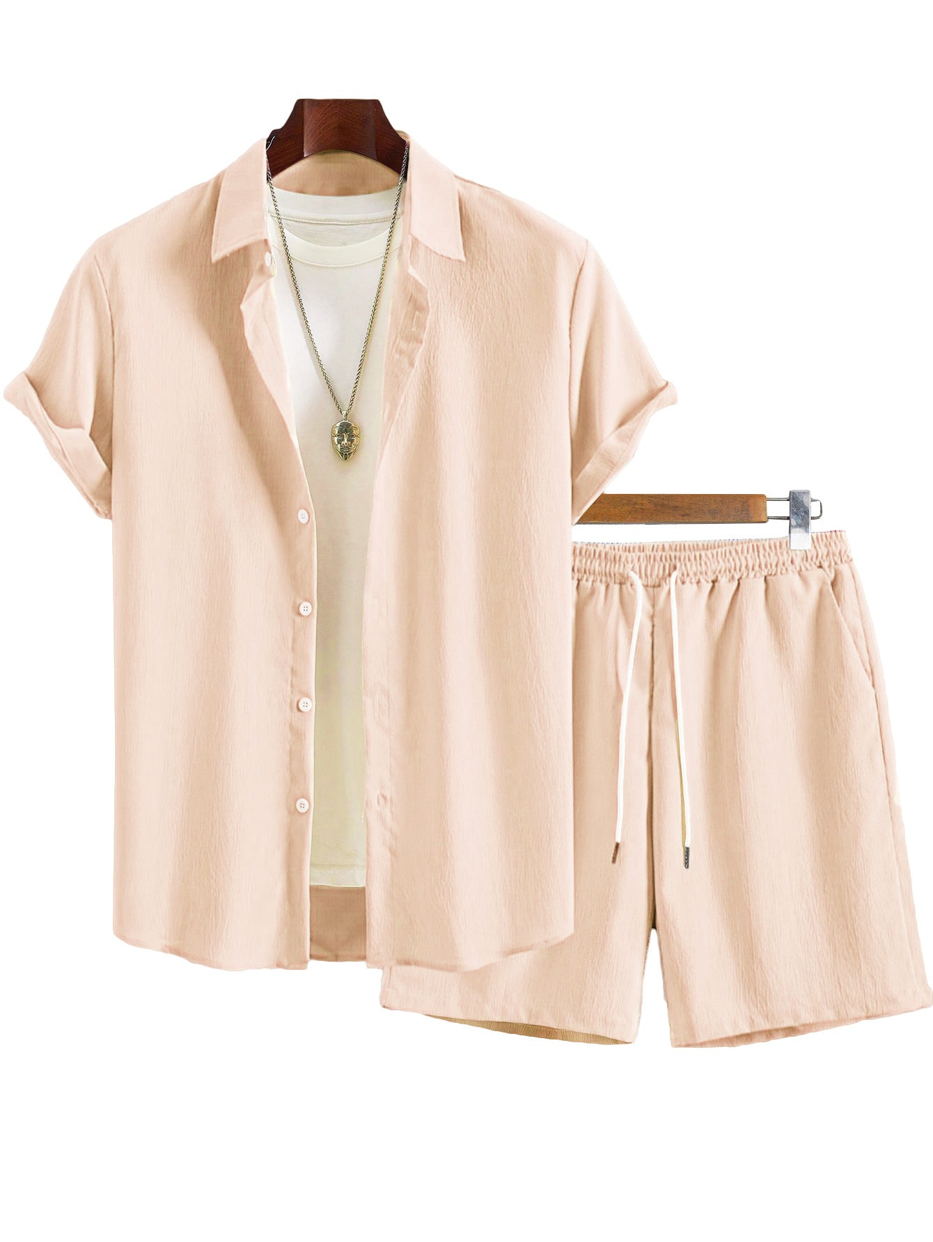 Men's Solid Color Lapel Short-Sleeve Shirt And Shorts Set