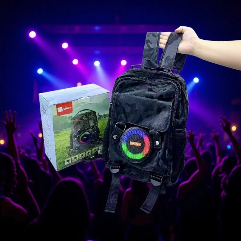 Mochila con altavoz Bluetooth multifuncional, portátil y recargable para uso en exteriores.