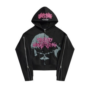 Printed Hooded Cardigan Sweatshirt With Zipper On The Sleeves
