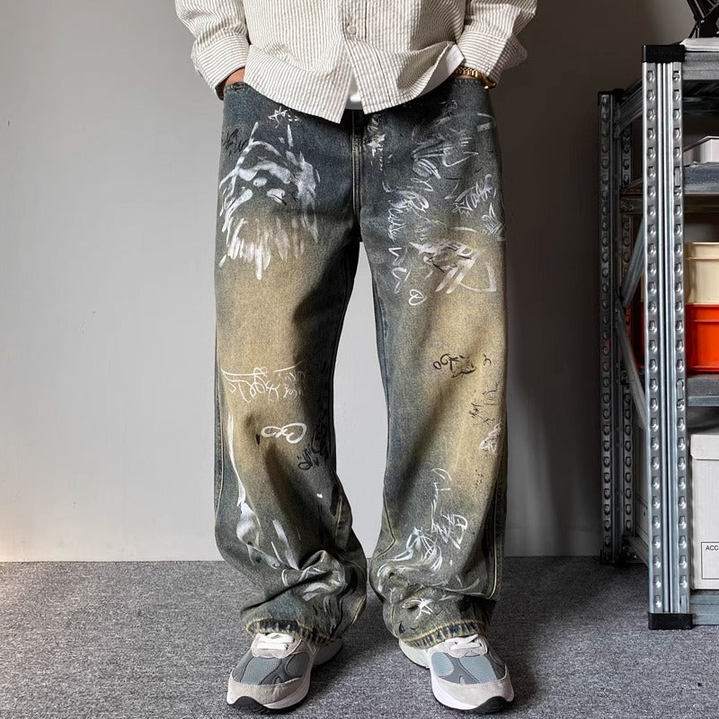 Mens Patchwork Design Loose Wide-Leg Draping Straight-Leg Pants Trousers