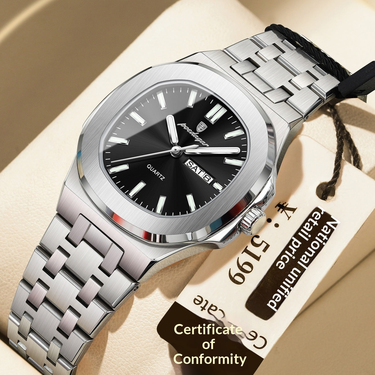 Reloj ultrafino con características impermeables y luminosas.