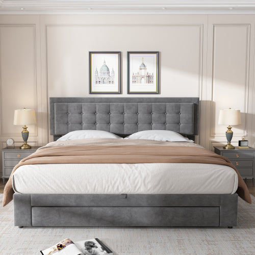 Upholstered Bed,Super King Size Bed-6ft180x200cm, Velvet Fabric, Double Bed, Large Storage Space,With Slats And Headboard,Without Mattress,Grey