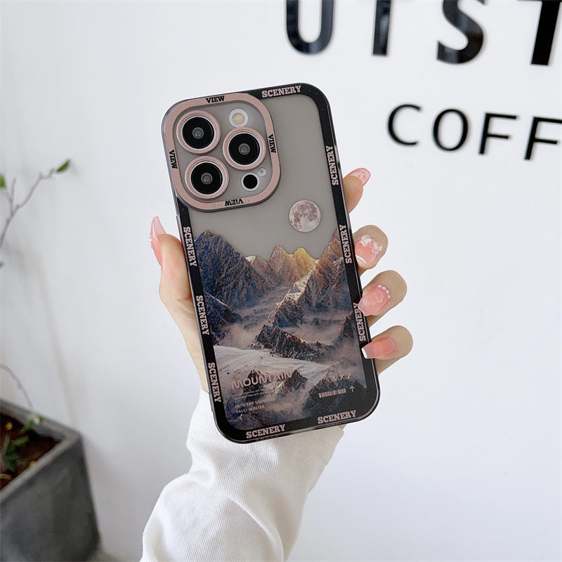 Nueva funda morada oscura para Apple 14 con paisaje de montaña