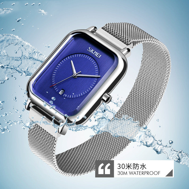 Reloj de cuarzo cuadrado de moda para hombre, con correa de malla, resistente al agua y calendario.