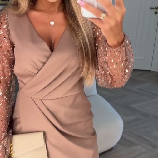 Vestido de noche ajustado con escote en V y color liso para mujer