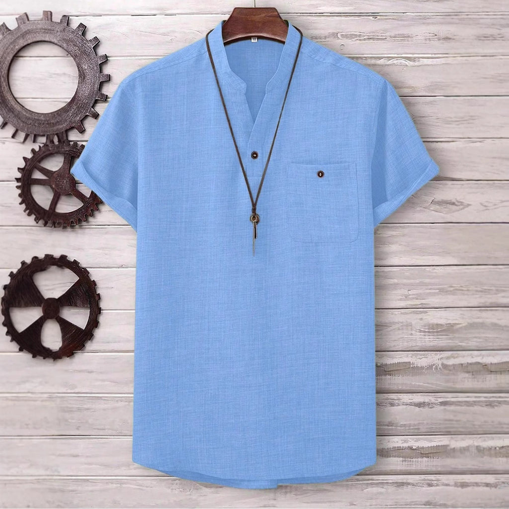 Mens Casual Short-sleeve Solid-color Shirt With A Turn-down Collar