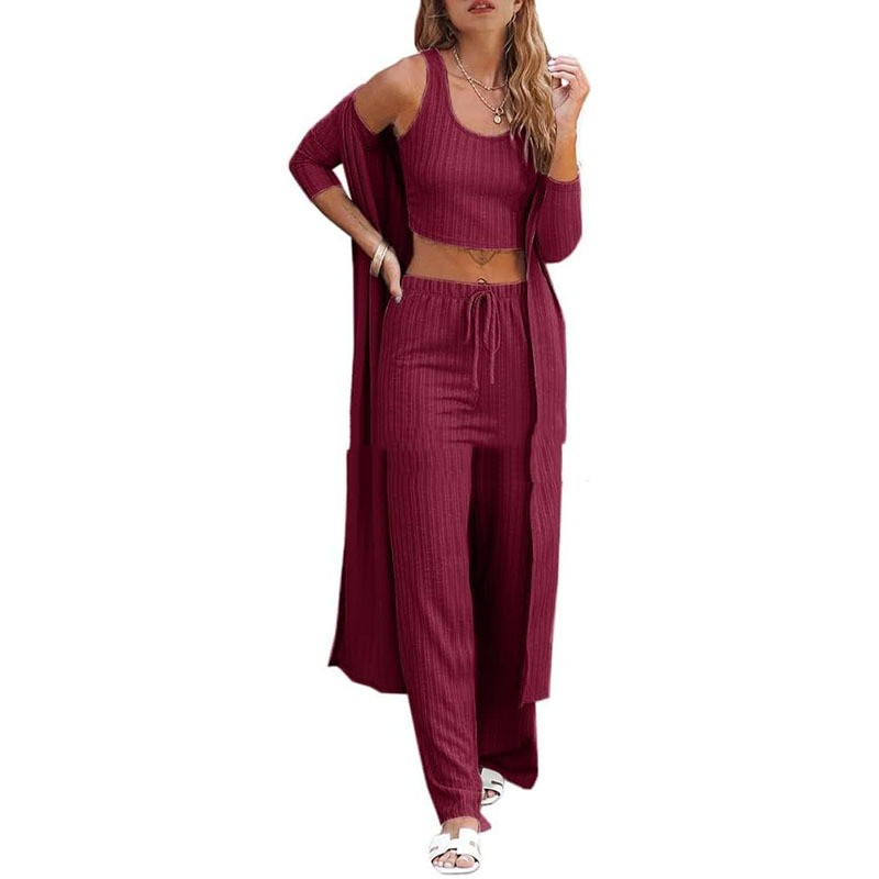 Conjunto de ropa de estar por casa para mujer de tres piezas: chaleco, pantalón y bata