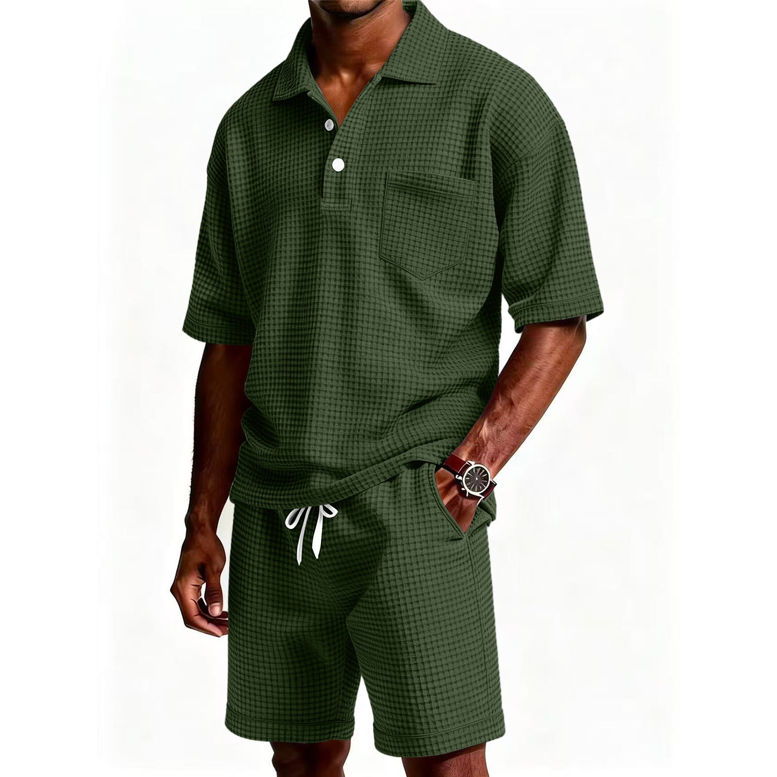 Men's Solid Color Lapel Short-Sleeve Shorts Set
