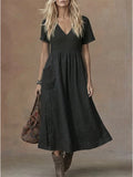 Women's V-neck Short-sleeve Pocketed Loose-fitting Fashionable Dress