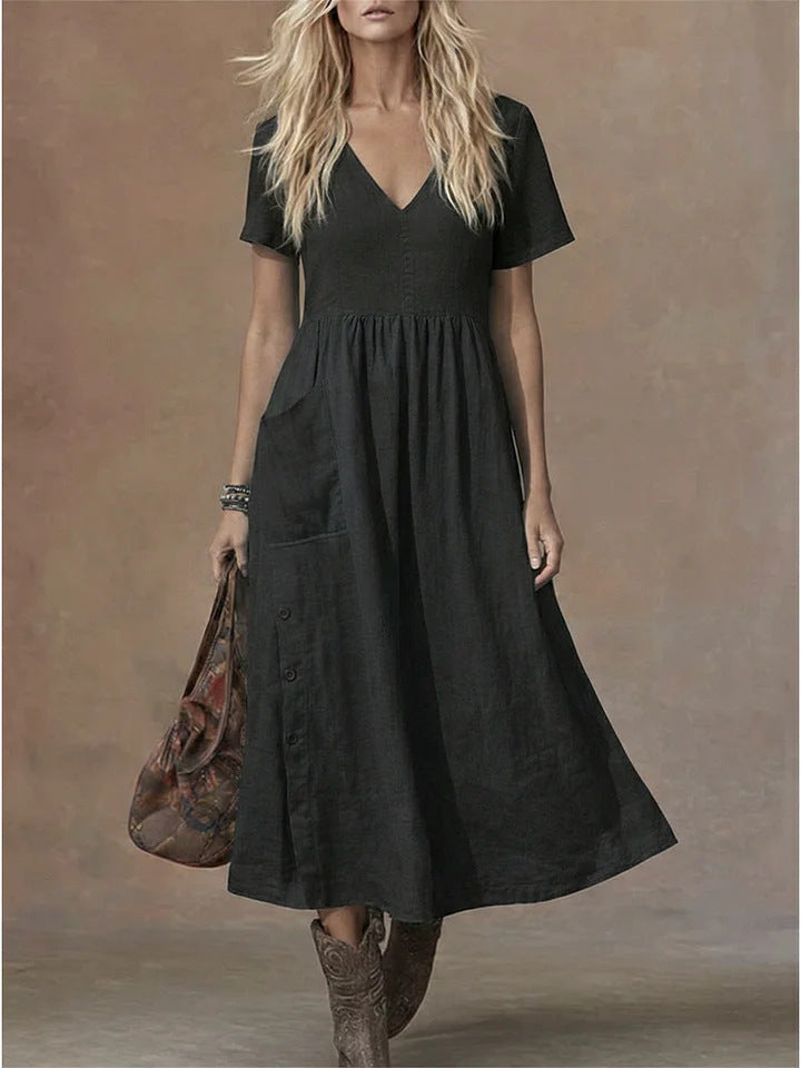 Women's V-neck Short-sleeve Pocketed Loose-fitting Fashionable Dress