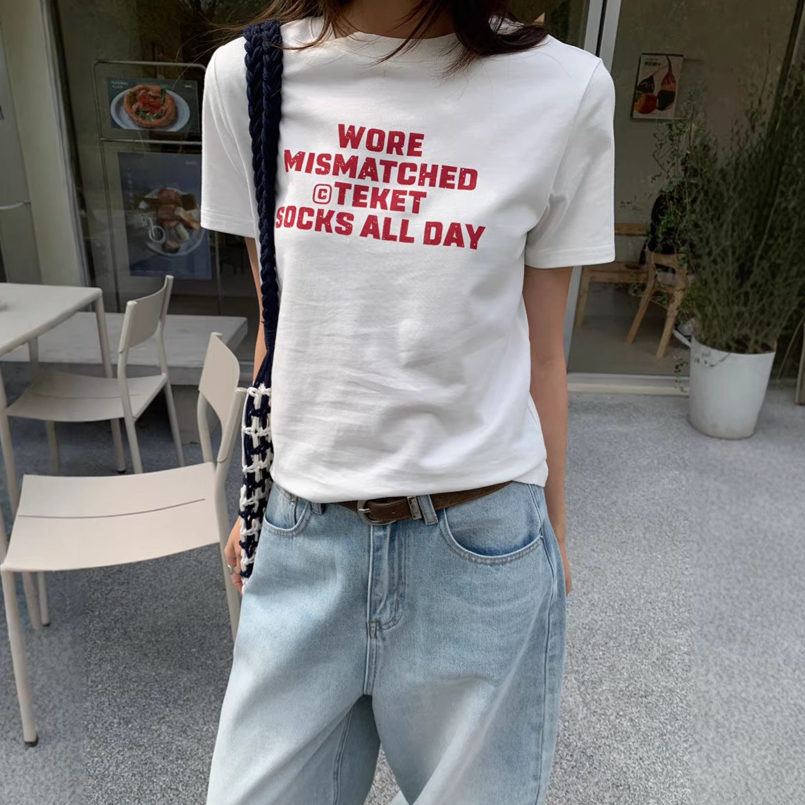 Minimalist Letter-print Short-sleeve T-shirt Pure Cotton Top Versatile For Workwear Style