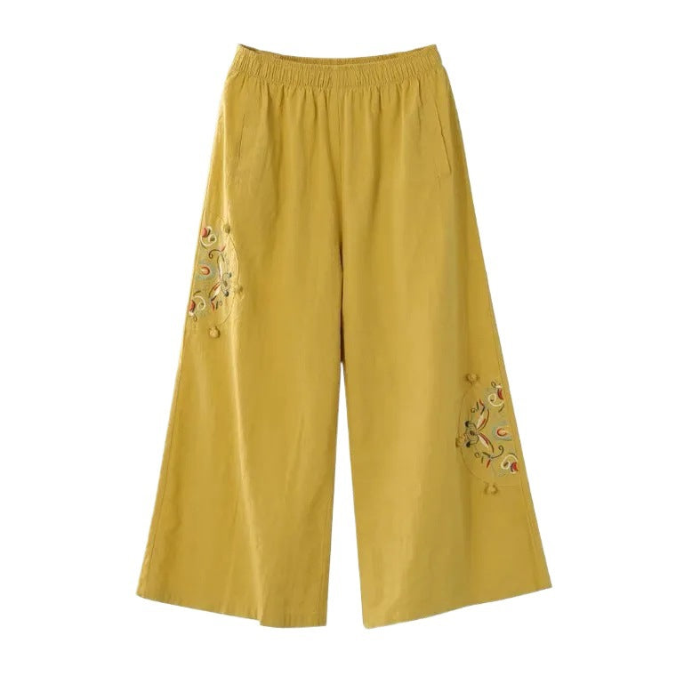 Cotton-linen Solid-color Elastic-waist Loose-fitting Multi-color Straight-leg Wide-leg Pants