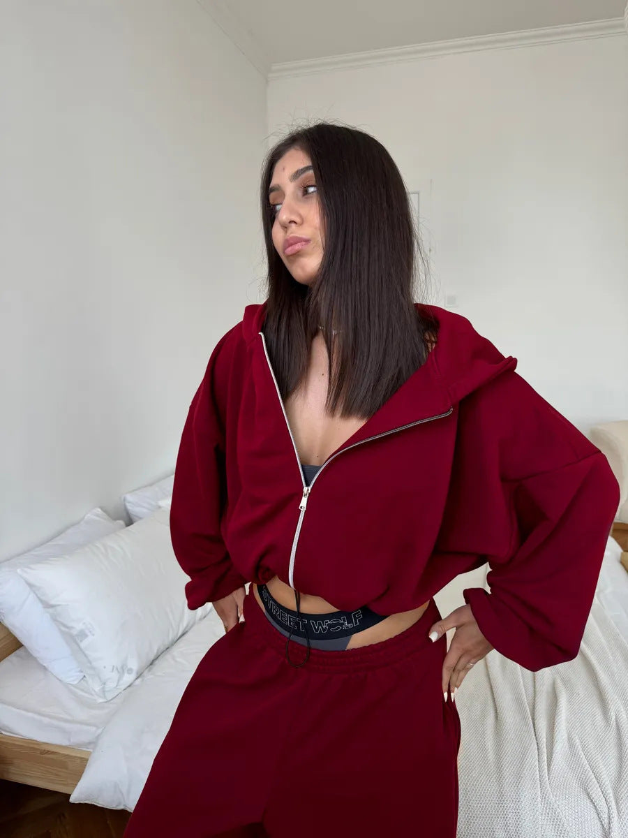 Conjunto informal para mujer: cárdigan de manga larga con cremallera y sudadera con capucha