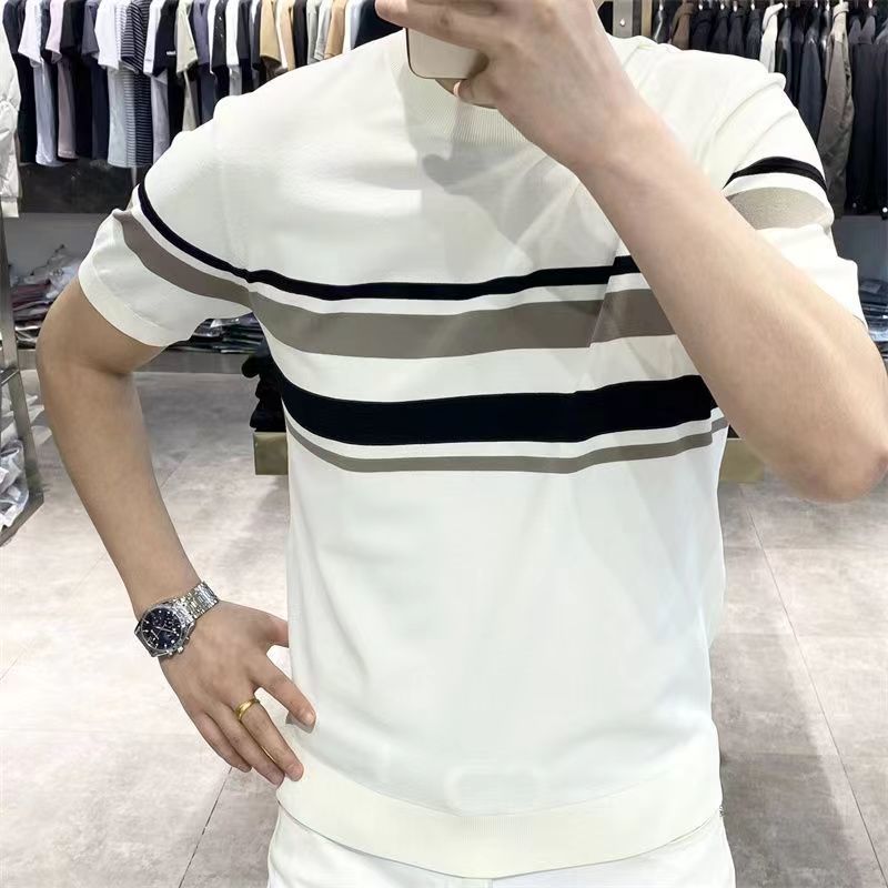 High-end Striped Printed Mens Short-sleeve Shirt