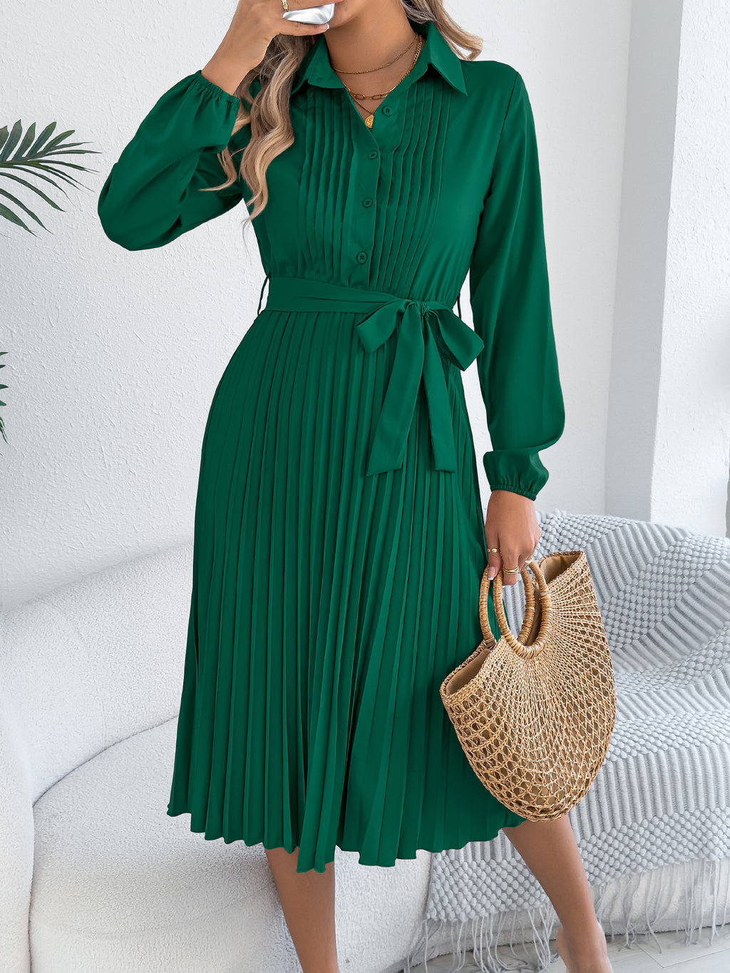 Vestido plisado elegante de color liso con solapa, manga larga y lazo en la cintura para mujer