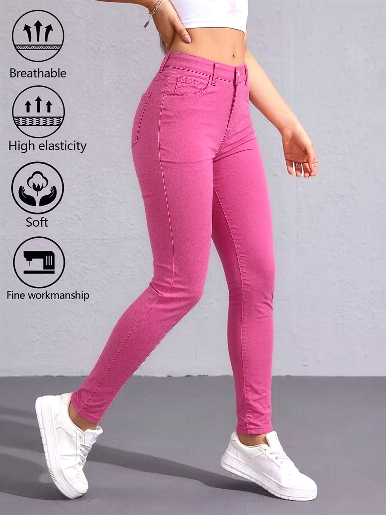 Women's Hot Pink High Waist Skinny Jeans Stretchy