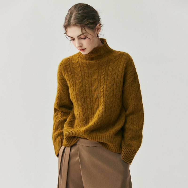 Suéter de cachemira de punto trenzado con cuello alto y costuras para mujer. Elegante, artístico y versátil para cualquier look.