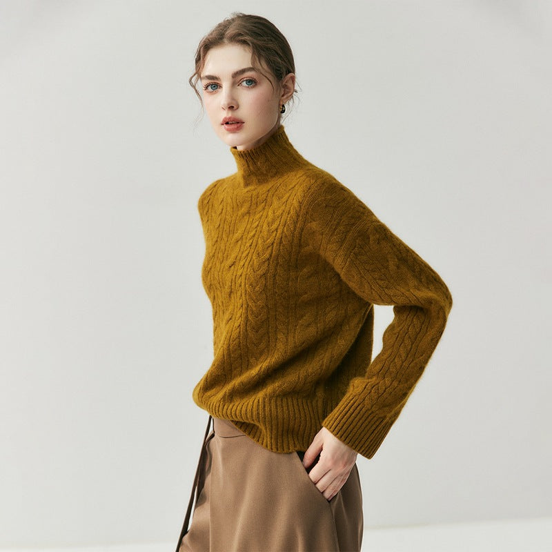 Suéter de cachemira de punto trenzado con cuello alto y costuras para mujer. Elegante, artístico y versátil para cualquier look.