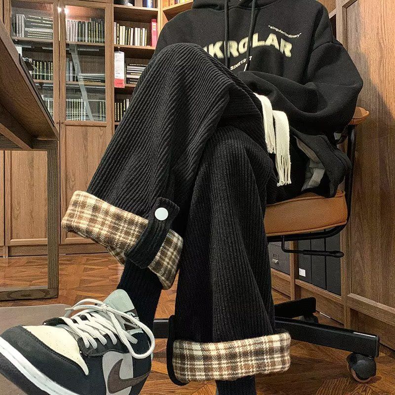 Pantalones casuales vintage holgados de pierna recta con puños a cuadros para hombre