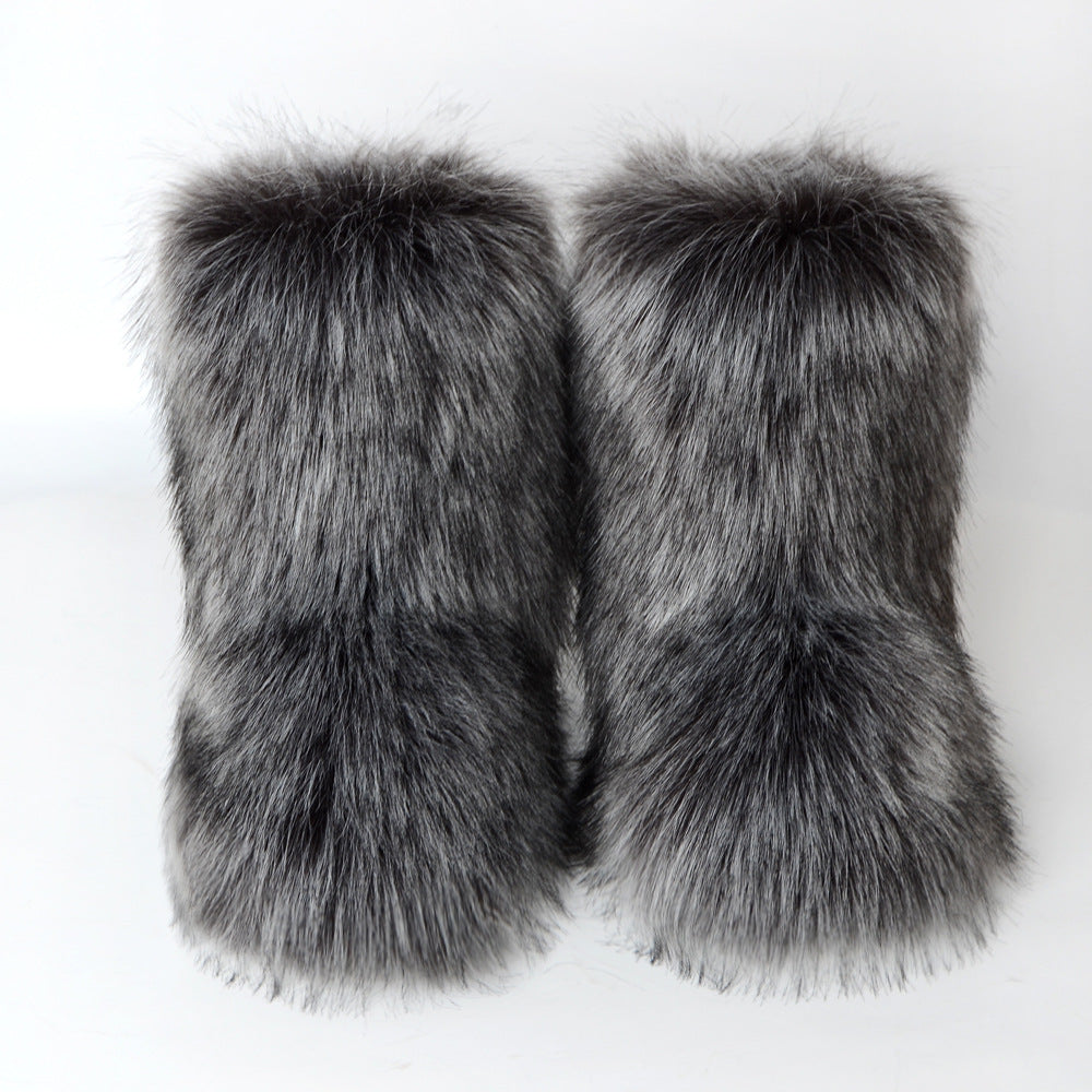 Botas de nieve de invierno con imitación de piel de mapache integrada para mujer, zapatos mullidos, botas de media caña para exteriores