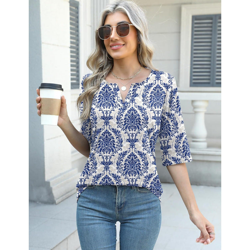 Retro V-neck Elegant Loose-Fitting Mid-sleeve Casual Shirt