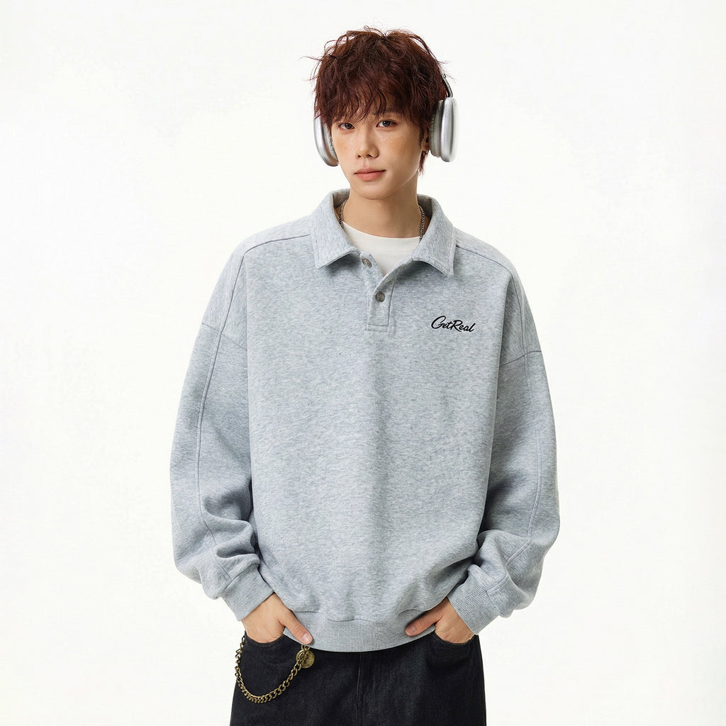 Letter-printed Lapel-button Long-sleeve Hoodie