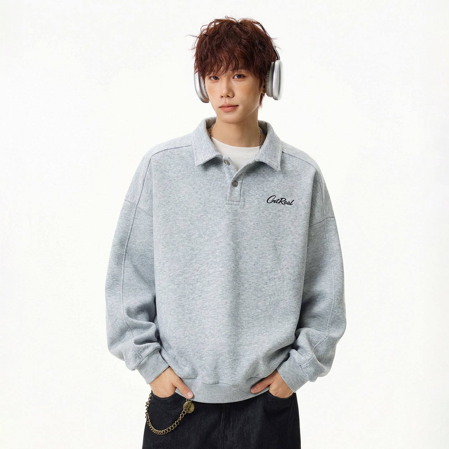 Letter-printed Lapel-button Long-sleeve Hoodie