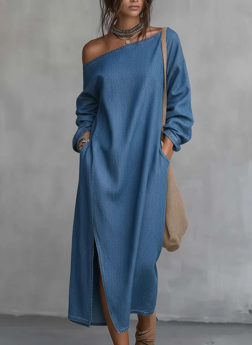 Fashionable Off-the-shoulder Slit Straight-leg, Loose-fitting Long Dress