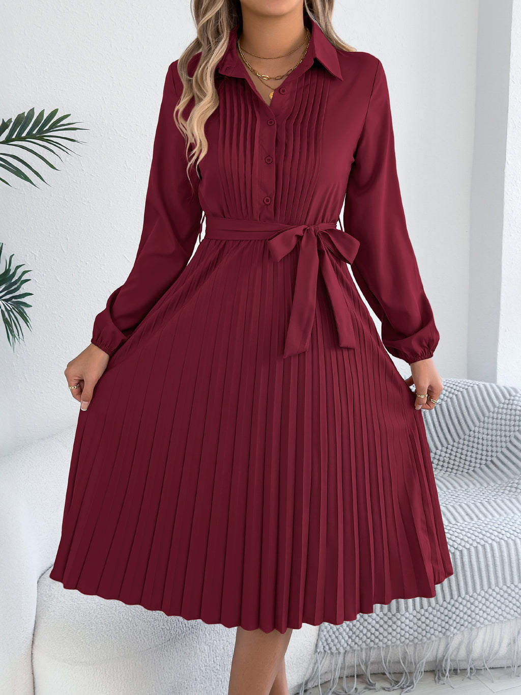 Vestido plisado elegante de color liso con solapa, manga larga y lazo en la cintura para mujer