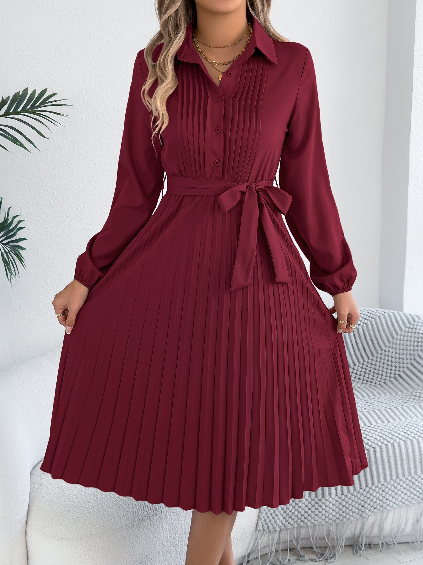 Vestido plisado elegante de color liso con solapa, manga larga y lazo en la cintura para mujer